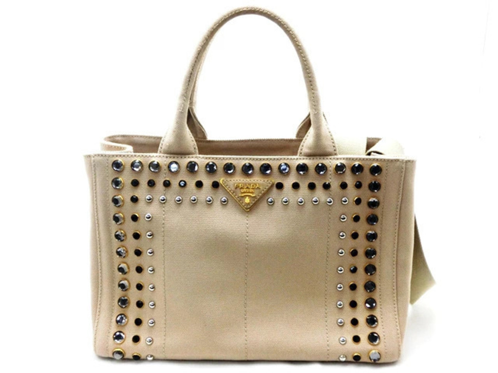 Prada Canapa Shoulder Bag Studded Canvas CORDA Beige Cream